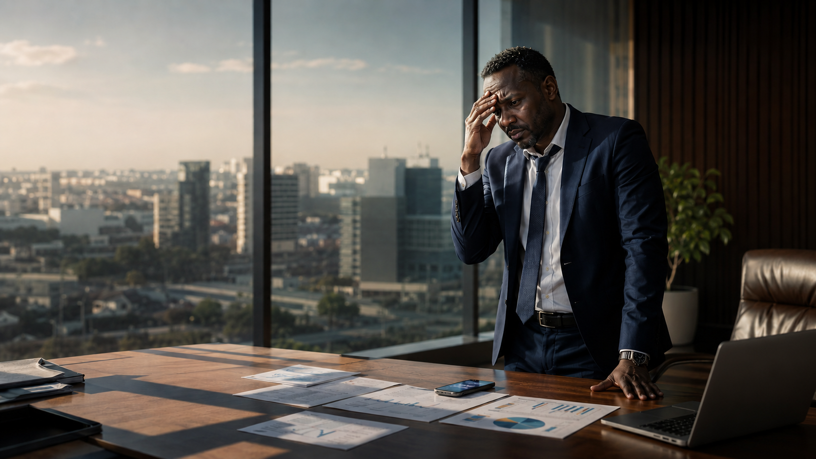 Dirigeant pensif analysant des rapports stratégiques dans son bureau